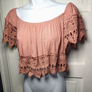 3/$18 Iris Size Small Crop Top Off the Shoulder Pink Lace Fringe